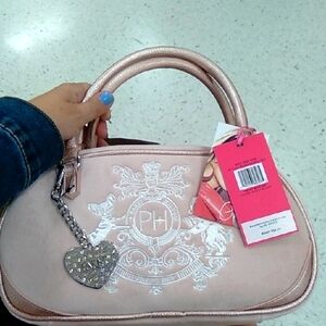 Varsity Bowler Pink Handbag with Heart Charm Paris HILTON Velvet Barbie Vibes